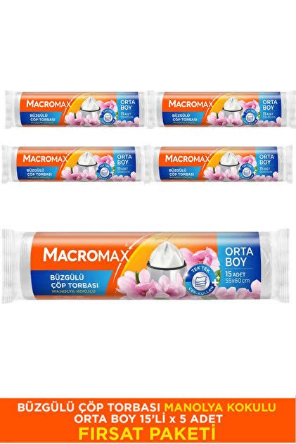 (MACROMAX ORTA BÜZGÜLÜ ÇÖP POŞETİ MANOLYA KOKULU 15 Lİ (5 Adet) Koli